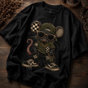 May include: A black short-sleeved t-shirt featuring a graphic of a mouse wearing a green baseball cap, sunglasses, a gold chain, and trainers. The mouse design incorporates patchwork elements with chequered and striped patterns on its ears and clothing.