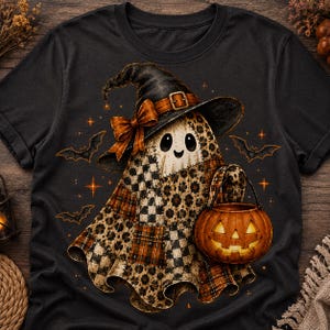 May include: A black t-shirt featuring a graphic of a ghost wearing a black witch hat with an orange bow. The ghost has a patchwork pattern of leopard print, plaid, and checkered squares. It holds an orange jack-o'-lantern bucket with bats nearby.