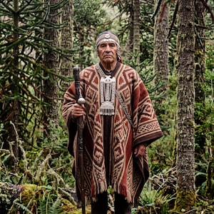 May include: A person wearing a brown and cream patterned poncho with a large silver chest pendant and a silver headband. The person holds a dark wooden staff with a silver sphere at the top, while wearing dark trousers and brown leather boots.