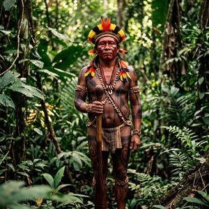 May include: A person wearing a vibrant feathered headdress in yellow, red, and black, adorned with intricate body paint, beaded necklaces, and armbands. The individual holds a long wooden staff and wears a simple fabric loincloth in a forest.