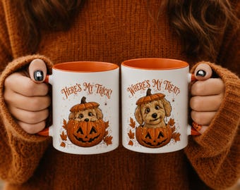 Taza de Halloween con diseño de cachorro calabaza • Regalo de otoño de doble cara para amantes de los perros • Divertida taza de café de otoño