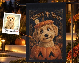 Bandera de jardín personalizada con foto de mascota para Halloween, decoración espeluznante para el porche, regalo para mamás perrunas