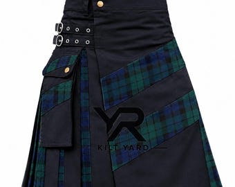 Men’s Scottish Hybrid Kilt Black Cotton Utility Kilt with Tartan Stripes Custom Handmade Workwear