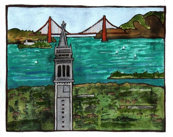 CAL Berkeley Wall Art - Campanile Golden Gate Bridge Digital Giclée Print