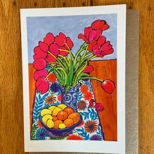 Colorful Folk Art Tulips Still Life Greeting card