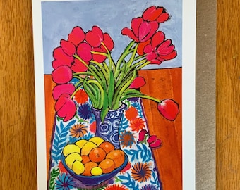 Colorful Folk Art Tulips Still Life Greeting card