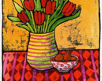 Red Tulips with Pattern Still Life Digital Giclée Wall Art Print - Home Decor - Home Gifts