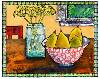 Yellow Pears Still Life Digital Giclee Print- Wall Art - Yellow Kitchen - Dining Room-Home Decor-