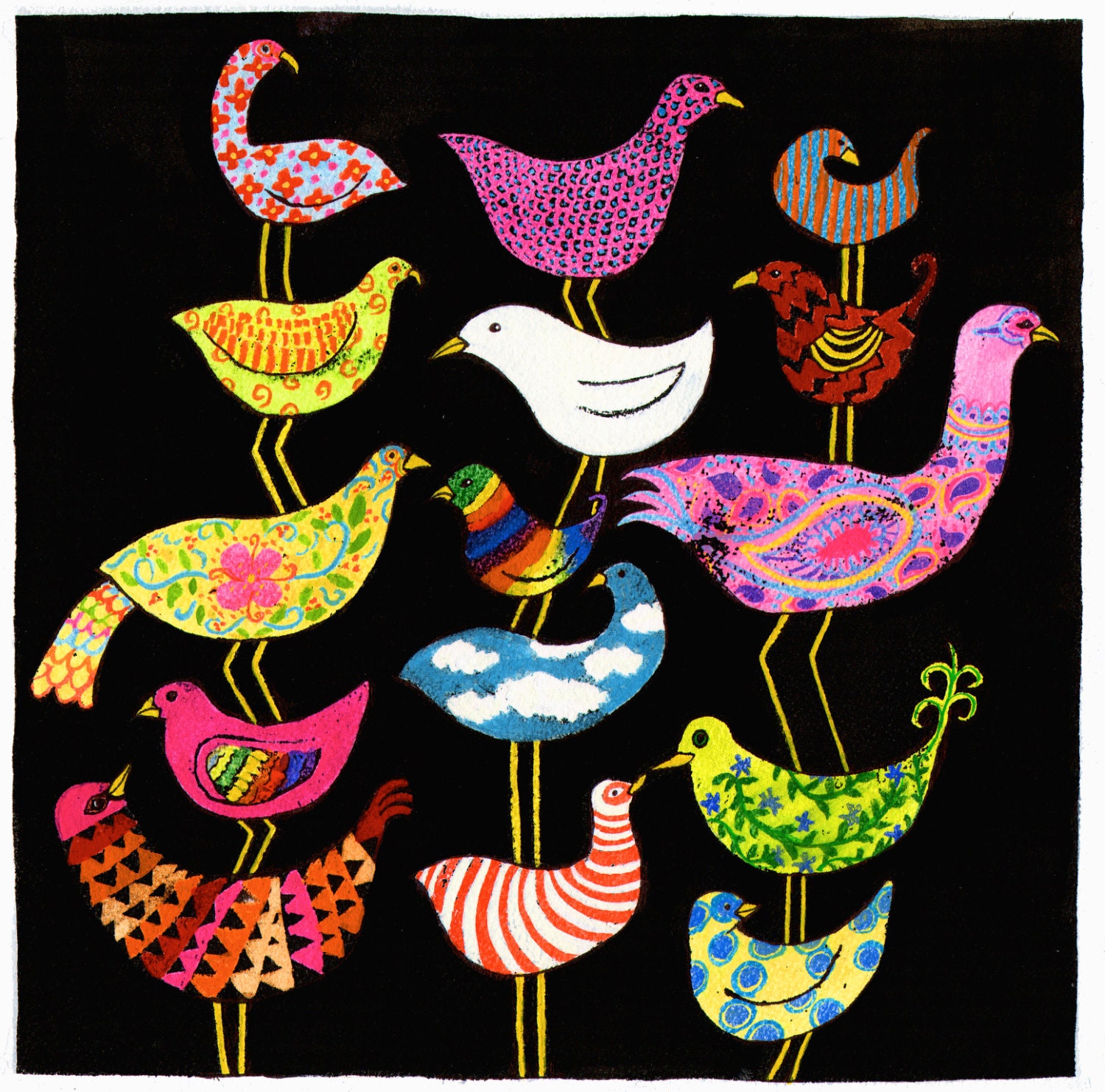 Colorful Folk Art Birds Giclée Print- Wall Art- Whimsical
