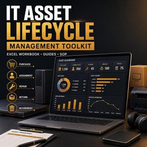 Peut inclure: Un ordinateur portable affichant un tableau de bord de gestion des actifs informatiques avec des graphiques, à côté d'un ordinateur de bureau, d'un casque et d'un presse-papier. Le texte indique IT ASSET LIFECYCLE MANAGEMENT TOOLKIT, EXCEL WORKBOOK, GUIDES, SOP.