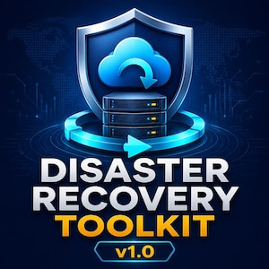Può includere: Un'immagine digitale con un'icona a scudo centrale contenente una nuvola blu con una freccia rivolta verso il basso, sopra una pila di tre server. Sotto, il testo recita DISASTER RECOVERY TOOLKIT v1.0 in lettere bianche e gialle.