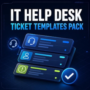 Peut inclure: Un graphique numérique intitulé IT HELP DESK TICKET TEMPLATES PACK présentant trois panneaux rectangulaires bleu foncé empilés avec des icônes de casque, de profil utilisateur et de point d'exclamation, ainsi qu'une icône bleue avec une coche.