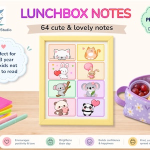 May include: A digital printable set of 64 lunchbox notes featuring colourful illustrations of cats, rabbits, koalas, and pandas. The display shows eight rectangular cards in a yellow frame, alongside a stack of sticky notes and a purple lunch bag.