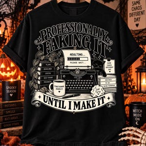 Peut inclure: Un t-shirt noir avec un motif blanc représentant une machine à écrire, une feuille marquée ADULTING... PLEASE WAIT... et le texte PROFESSIONALLY FAKING IT UNTIL I MAKE IT. Le design inclut une tasse, des livres et un chat.