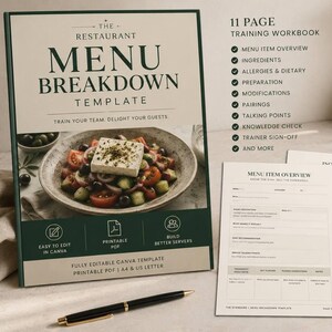 May include: An 11-page restaurant menu breakdown training workbook template featuring a cover with a Greek salad image and text including The Restaurant Menu Breakdown Template. Includes interior pages for menu item overview, ingredients, and dietary info.