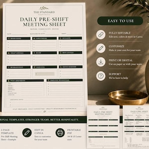 May include: A Daily Pre-Shift Meeting Sheet template for hospitality staff. The document features sections for reservations, specials, sales goals, and staff assignments. It includes text labels, bullet points, and a clean layout in black and white.