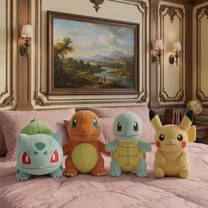 May include: Four plush toys representing popular characters: a light green Bulbasaur, an orange Charmander, a light blue Squirtle, and a yellow Pikachu. Each character is depicted in a seated position, featuring embroidered facial details.
