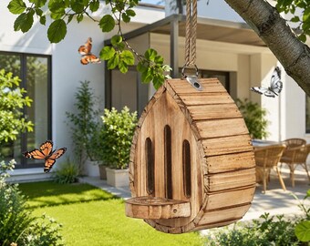 Puede incluir: Un refugio para insectos de madera en forma de gota con un acabado marrón claro natural, que presenta listones verticales y una pequeña plataforma de aterrizaje que sobresale. La estructura cuelga de una cuerda de yute gruesa.