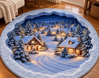 Puede incluir: Una alfombra redonda con un estampado de paisaje invernal en 3D de cabañas y pinos cubiertos de nieve al atardecer. El borde de la alfombra tiene un aspecto texturizado, blanco y esponjoso que imita una capa de nieve fresca.