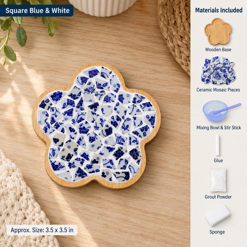 May include: A flower-shaped wooden base filled with blue and white ceramic mosaic pieces. The kit includes a wooden base, ceramic mosaic pieces, a mixing bowl, a stir stick, glue, grout powder, and a sponge. The finished item measures 3.5 by 3.5 inches.