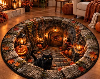 Puede incluir: Una alfombra redonda con una ilusión óptica 3D de una escalera de piedra que conduce a una puerta de madera. La escena incluye un gato negro, calabazas iluminadas, linternas encendidas, telarañas y hojas de otoño naranjas en los escalones.