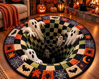 Halloween-Geisterteppich, runder 3D-Illusionsteppich, gruseliger Schachbrettteppich, niedliche Geister-Fußmatte, herbstliche Halloween-Deko