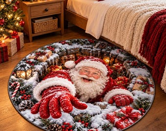Alfombra redonda navideña de Papá Noel, alfombra con ilusión de agujero nevado en 3D realista, alfombra navideña para la decoración de la sala de estar, el dormitorio y la entrada.