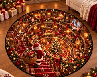Puede incluir: Una alfombra redonda con una ilustración detallada en estilo 3D de un taller navideño de varios niveles. Santa Claus lleva un gran saco de regalos por una escalera con alfombra roja, rodeado de renos, elfos y un árbol central.