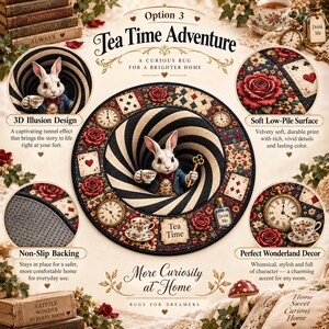 May include: A round area rug featuring a central 3D tunnel illusion with a white rabbit holding a teacup and a gold key. The border displays playing cards, red roses, pocket watches, and a bottle labeled Drink Me, all on a soft low-pile surface.