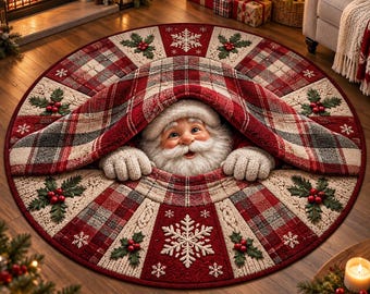 Alfombra redonda navideña con ilusión 3D de Papá Noel, alfombra festiva a cuadros para las fiestas, alfombra con ilusión óptica de Papá Noel, decoración festiva de invierno para el hogar