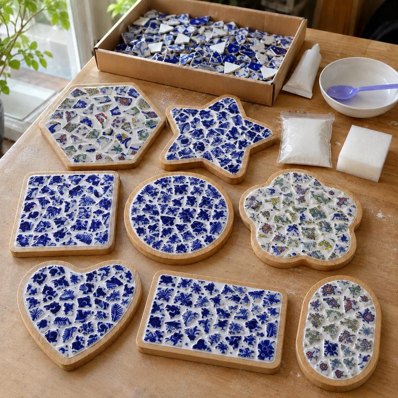 May include: A collection of eight wooden bases with blue and white mosaic tile patterns in various shapes including a hexagon, star, square, circle, flower, heart, and rectangles, alongside a box of loose tiles, adhesive, and a white sponge.