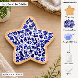 May include: A star-shaped wooden base with blue and white ceramic mosaic pieces, accompanied by a kit containing a wooden base, ceramic mosaic pieces, a mixing bowl, a stir stick, glue, grout powder, and a sponge. The item is 6.1 by 6.1 inches.