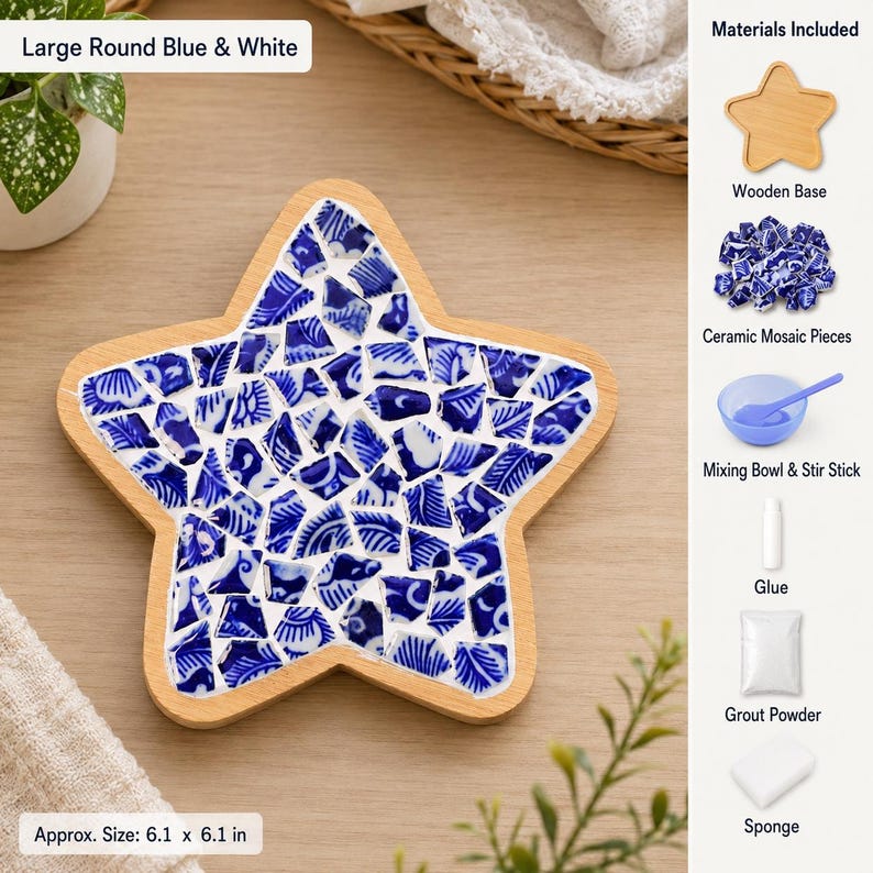 May include: A star-shaped wooden base with blue and white ceramic mosaic pieces, accompanied by a kit containing a wooden base, ceramic mosaic pieces, a mixing bowl, a stir stick, glue, grout powder, and a sponge. The item is 6.1 by 6.1 inches.
