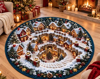 Puede incluir: Una alfombra redonda con una detallada escena de pueblo invernal en 3D, con casas cubiertas de nieve, árboles de hoja perenne, farolas brillantes y un árbol de Navidad central, todo en un paisaje de piedra circular y escalonado.