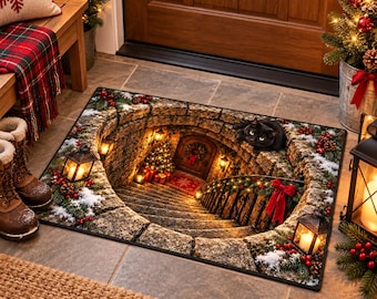 Puede incluir: Un felpudo rectangular con un estampado en 3D de una escalera de piedra que conduce a una puerta festiva. La escena incluye un gato negro, linternas brillantes, ramas de abeto, bayas rojas y un lazo rojo con motivos navideños.