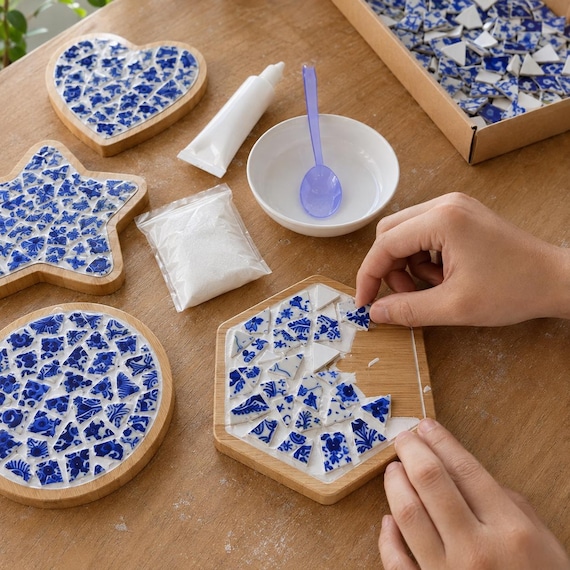 DIY Mosaic Coaster Kit, Blue and White Ceramic Tile Craft Set, Bamboo Base with Grout & Glue, Adult Craft Gift, Handmade Home Decor