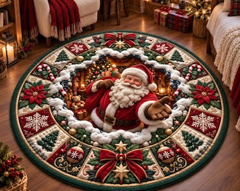 Christmas Santa Round Rug, 3D Illusion Holiday Area Rug, Vintage Patchwork Snowflake Poinsettia Floor Mat, Cozy Xmas Home Decor