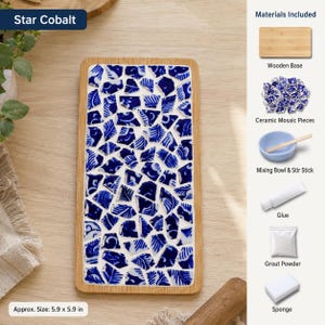 May include: A rectangular wooden tray featuring a mosaic pattern of blue and white ceramic shards. The kit includes a wooden base, ceramic mosaic pieces, a mixing bowl, a stir stick, glue, grout powder, and a sponge. The tray measures 5.9 by 5.9 inches.