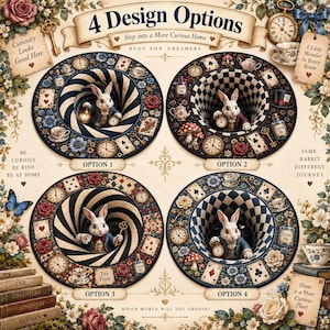 May include: Four circular rugs featuring a white rabbit in a vortex, surrounded by playing cards, clocks, flowers, and tea sets. Each rug displays a unique pattern of swirls or checkers in blue, white, and red tones, labeled as four design options.