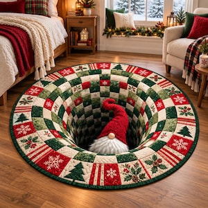May include: A round rug featuring a 3D optical illusion of a deep hole, decorated with a red, green, and white checkered pattern, Christmas trees, snowflakes, and holly berries, with a plush gnome wearing a red hat emerging from the center.