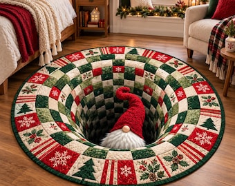 Runder Teppich mit 3D-Weihnachtswichtel-Motiv, festlicher Patchwork-Teppich mit optischer Täuschung, rot-grüner Weihnachtsteppich, Winterdekoration