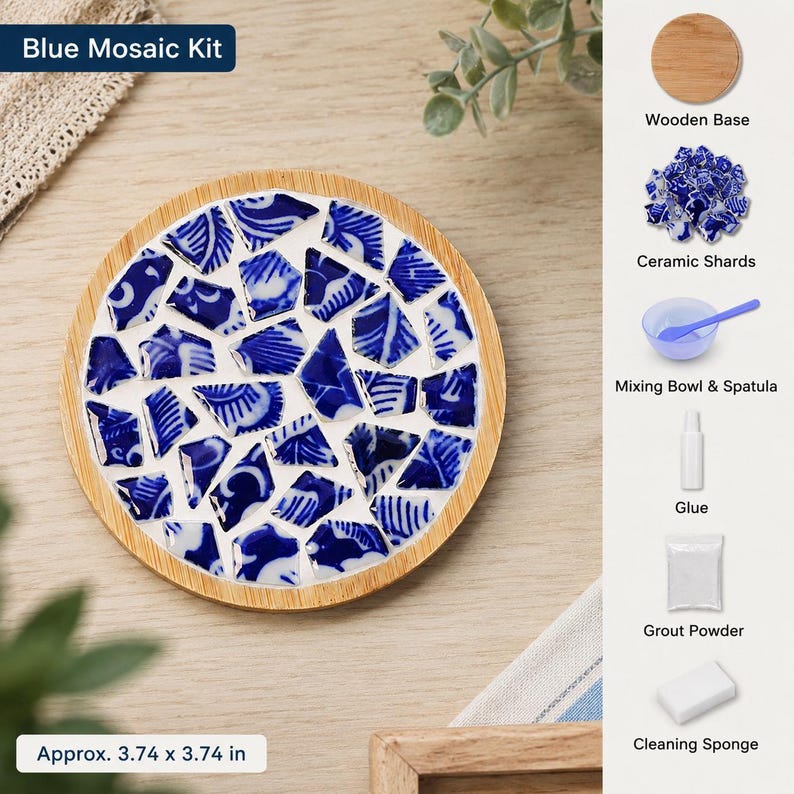 May include: A Blue Mosaic Kit featuring a circular wooden base with blue and white patterned ceramic shards. The kit includes a wooden base, ceramic shards, a mixing bowl, a spatula, glue, grout powder, and a cleaning sponge, measuring 3.74 x 3.74 inches.