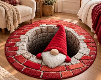 Tappeto rotondo con illusione 3D a forma di gnomo natalizio, tappeto con gnomo di Babbo Natale e pozzo, tappeto con illusione ottica a mattoni rossi, divertente regalo per la decorazione del pavimento durante le feste.