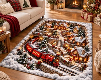 Alfombra navideña 3D con diseño de pueblo, alfombra con tren invernal nevado, alfombra con ilusión óptica, decoración festiva para el suelo, regalo acogedor para el hogar en Navidad.