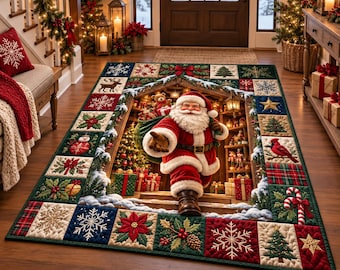 Christmas Santa Rug, 3D Holiday Area Rug, Cozy Non Slip Christmas Carpet, Festive Farmhouse Floor Mat for Living Room Bedroom