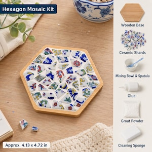 May include: A hexagon mosaic kit featuring a wooden base, ceramic shards, a mixing bowl, spatula, glue, grout powder, and a cleaning sponge. The kit includes text labels and a finished hexagonal mosaic coaster with blue, red, and green floral patterns.