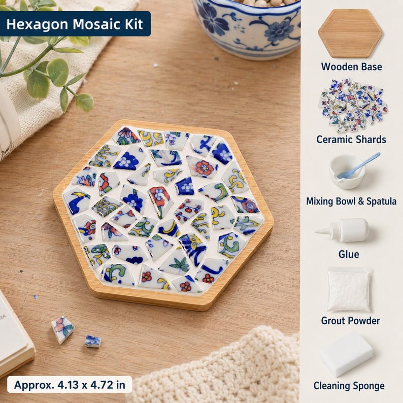 May include: A hexagon mosaic kit featuring a wooden base, ceramic shards, a mixing bowl, spatula, glue, grout powder, and a cleaning sponge. The kit includes text labels and a finished hexagonal mosaic coaster with blue, red, and green floral patterns.