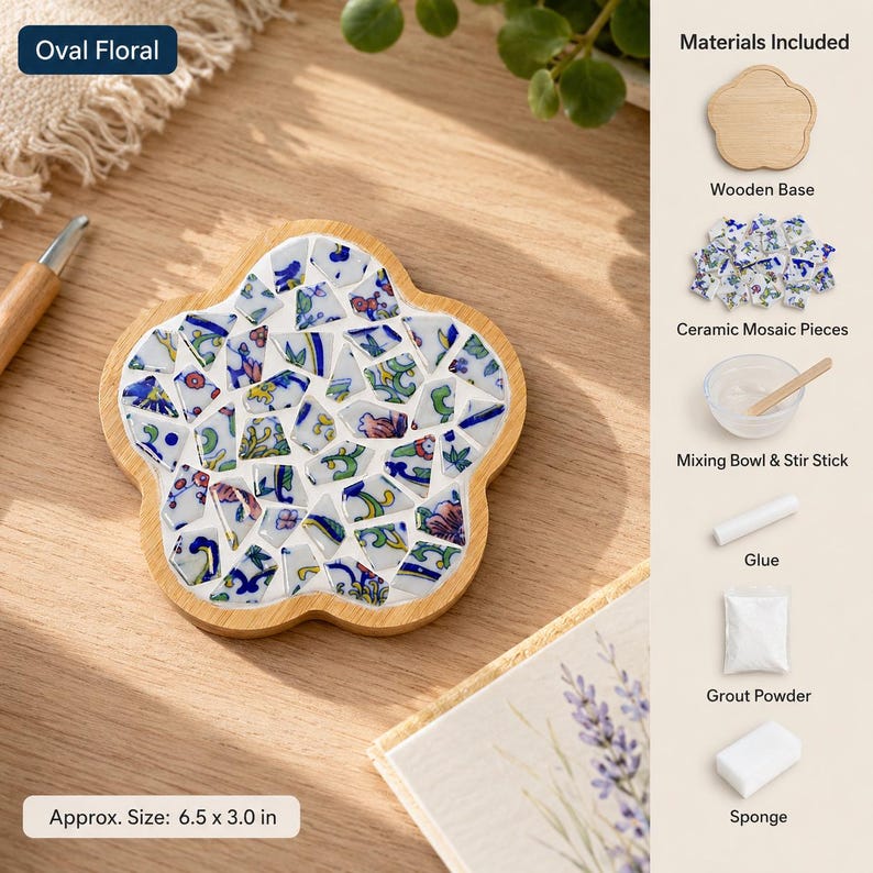 May include: A flower-shaped wooden base with ceramic mosaic pieces, a mixing bowl, stir stick, glue, grout powder, and a sponge. The mosaic features blue, green, and pink floral patterns. The set includes text labels and a size of 6.5 x 3.0 inches.