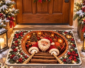 Puede incluir: Un felpudo rectangular con una ilustración en 3D de Santa Claus subiendo una escalera de madera desde una habitación acogedora. El borde está decorado con ramas de pino nevadas, bayas rojas, piñas y lazos rojos.