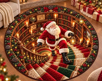 3D Santa Staircase Round Rug, Christmas Optical Illusion Floor Mat, Santa Library Holiday Carpet, Cozy Living Room Bedroom Winter Home Decor